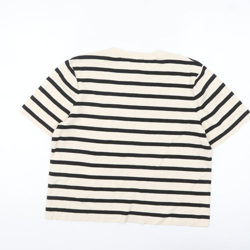 H&M Women Beige Black Striped Cotton Short Sleeve Pullover Jumper Size 12