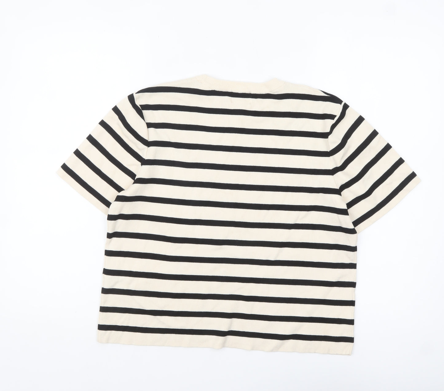 H&M Women Beige Black Striped Cotton Short Sleeve Pullover Jumper Size 12