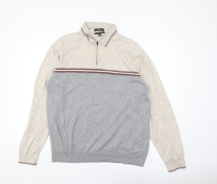 Marks and Spencer Men's Beige Cotton 1/2 Zip Collared Jumper XL