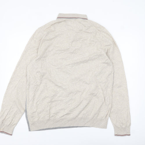 Marks and Spencer Men's Beige Cotton 1/2 Zip Collared Jumper XL