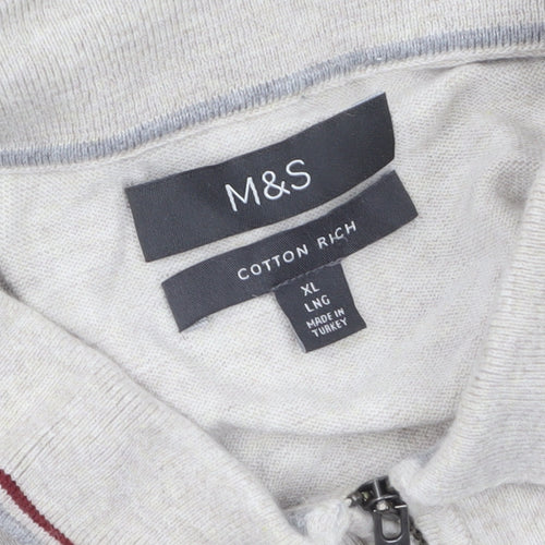 Marks and Spencer Men's Beige Cotton 1/2 Zip Collared Jumper XL