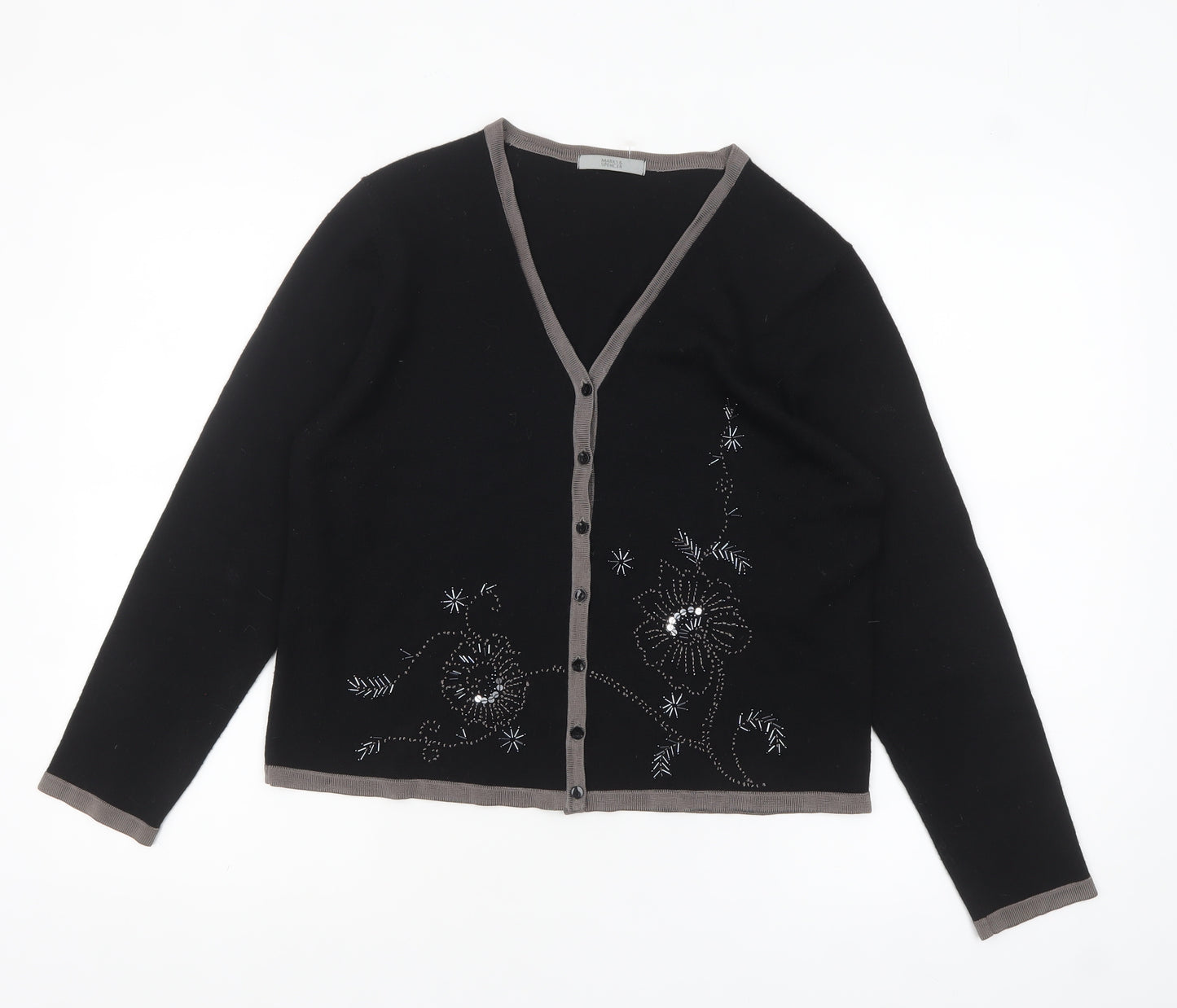 Marks and Spencer Womens Black Wool Blend Floral Beaded Cardigan UK 14