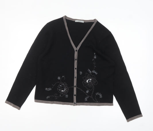 Marks and Spencer Womens Black Wool Blend Floral Beaded Cardigan UK 14