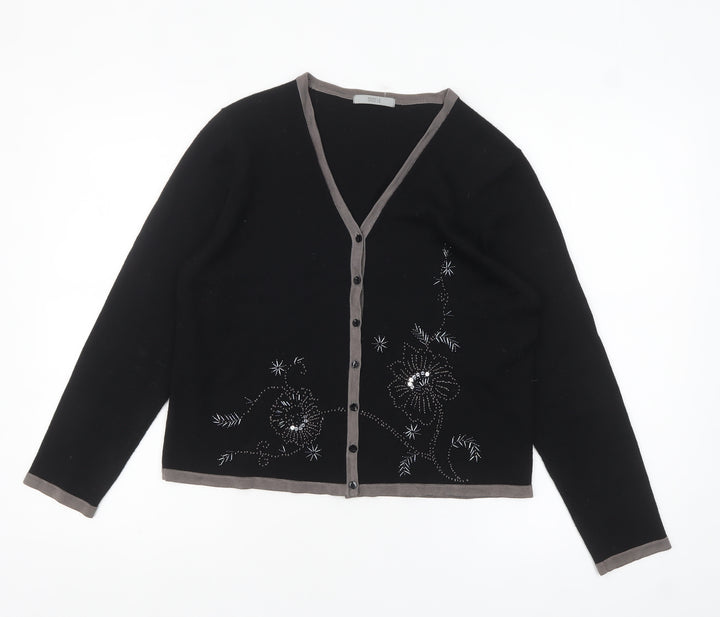 Marks and Spencer Womens Black Wool Blend Floral Beaded Cardigan UK 14