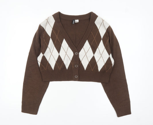 H&M Divided Women's Brown Argyle Knit V-Neck Cardigan Size 8