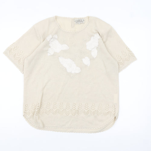ABEL Women's Beige Knit Tunic Blouse XL Short Sleeve Embroidered Top