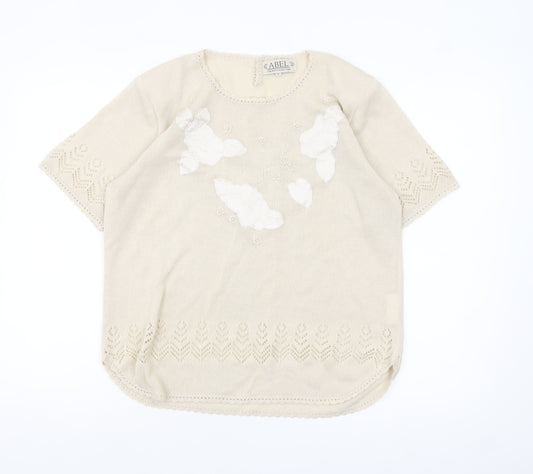 ABEL Women's Beige Knit Tunic Blouse XL Short Sleeve Embroidered Top