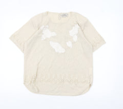 ABEL Women's Beige Knit Tunic Blouse XL Short Sleeve Embroidered Top
