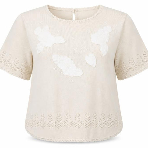 ABEL Women's Beige Knit Tunic Blouse XL Short Sleeve Embroidered Top