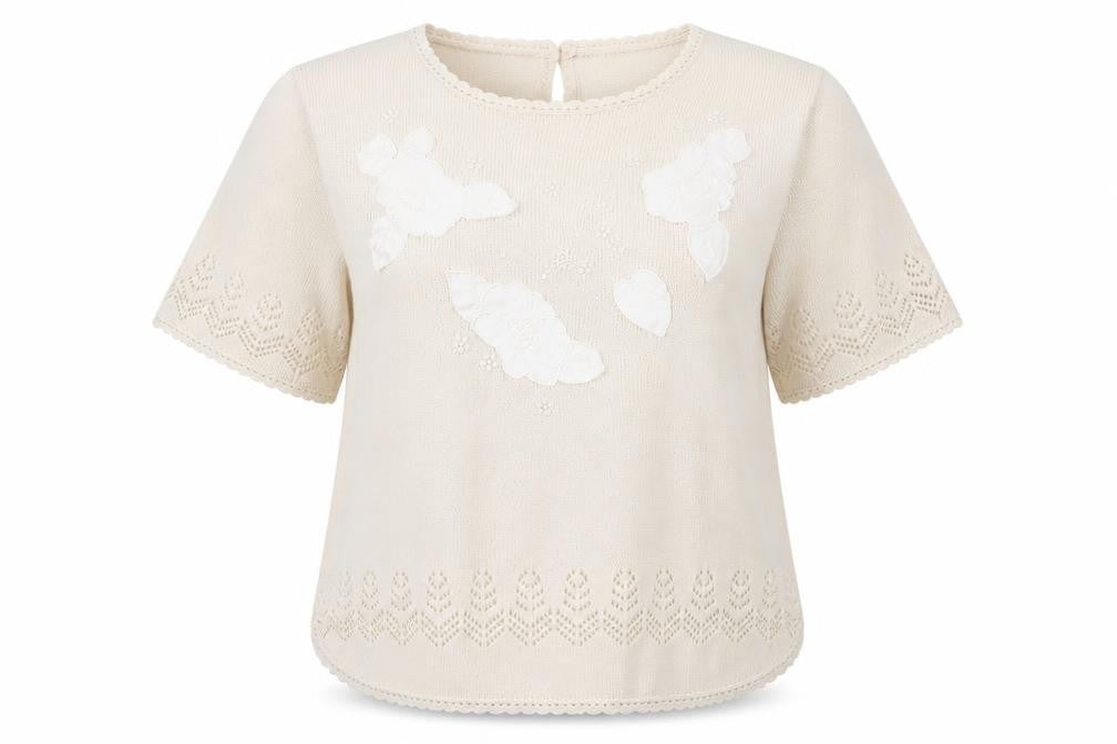 ABEL Women's Beige Knit Tunic Blouse XL Short Sleeve Embroidered Top