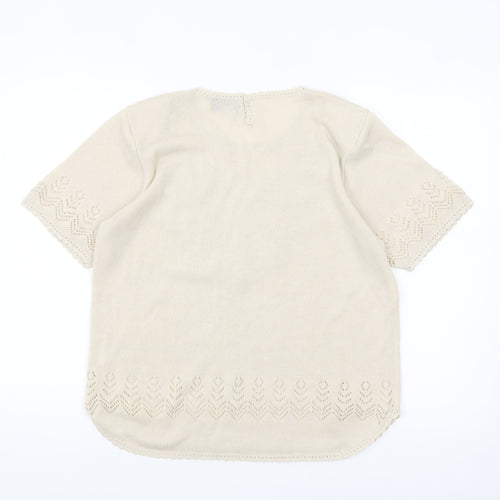 ABEL Women's Beige Knit Tunic Blouse XL Short Sleeve Embroidered Top