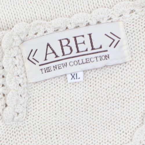 ABEL Women's Beige Knit Tunic Blouse XL Short Sleeve Embroidered Top