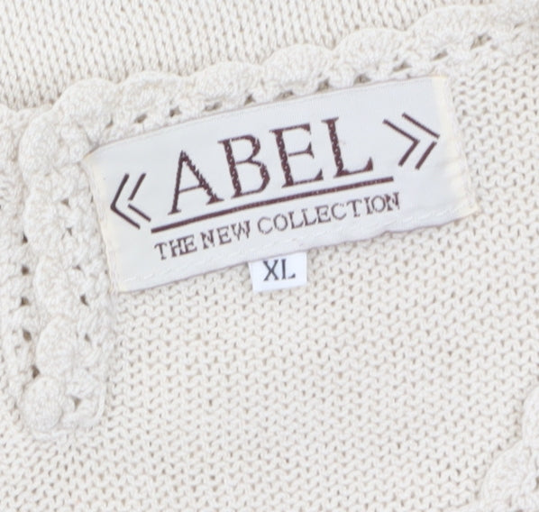 ABEL Women's Beige Knit Tunic Blouse XL Short Sleeve Embroidered Top