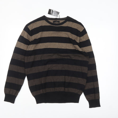Thomas Nash Men's Brown Striped Cotton Crew Neck Jumper Small