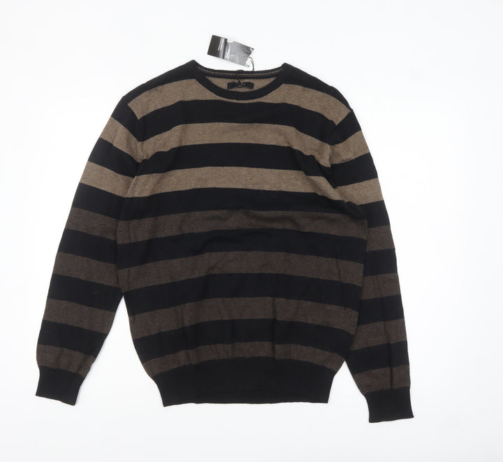 Thomas Nash Men's Brown Striped Cotton Crew Neck Jumper Small