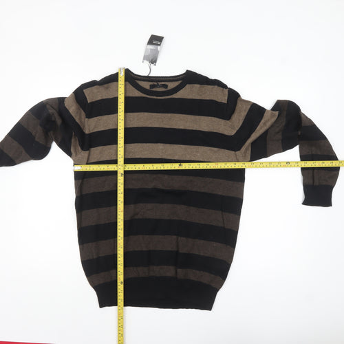 Thomas Nash Men's Brown Striped Cotton Crew Neck Jumper Small