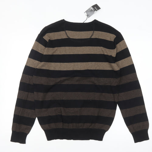 Thomas Nash Men's Brown Striped Cotton Crew Neck Jumper Small