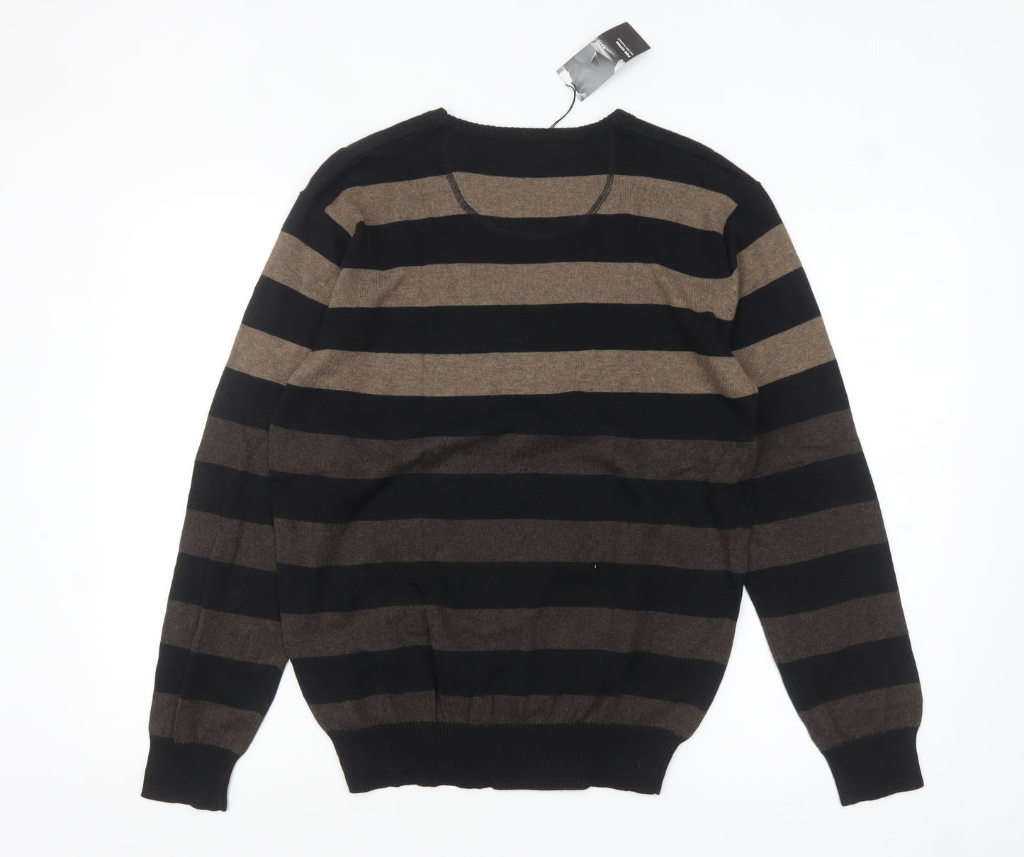 Thomas Nash Men's Brown Striped Cotton Crew Neck Jumper Small