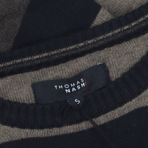 Thomas Nash Men's Brown Striped Cotton Crew Neck Jumper Small