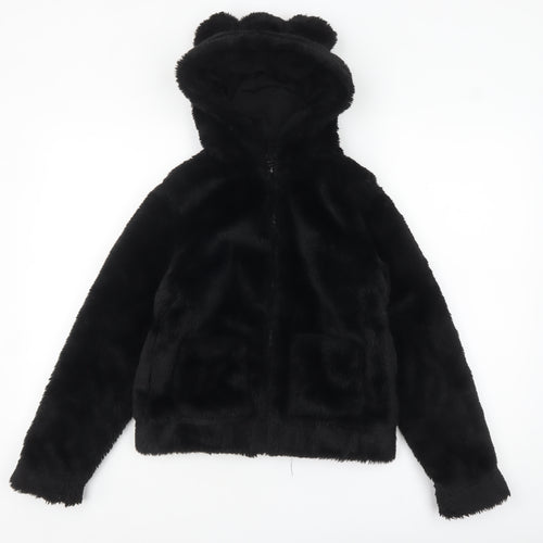 H&M Girls Black Faux Fur Hooded Jacket 11-12 Years Lined Animal Ears