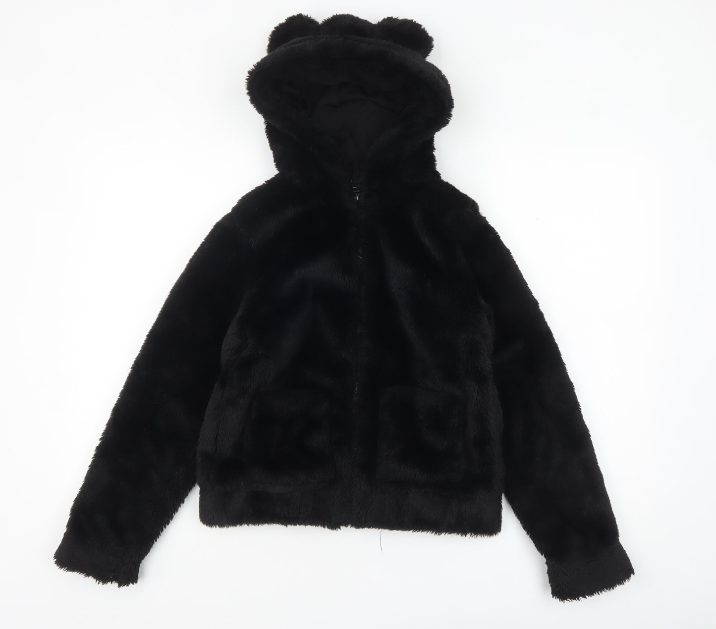 H&M Girls Black Faux Fur Hooded Jacket 11-12 Years Lined Animal Ears