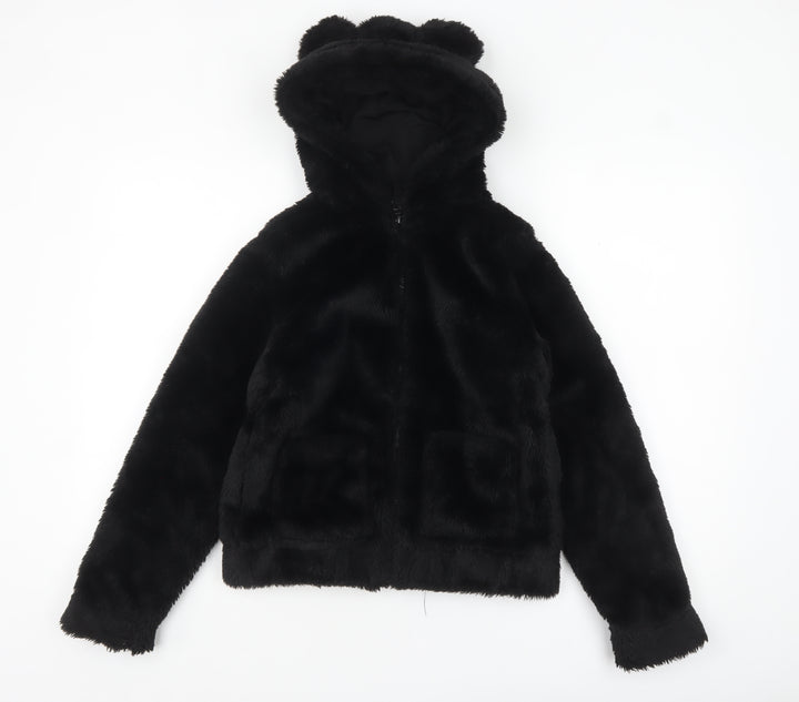 H&M Girls Black Faux Fur Hooded Jacket 11-12 Years Lined Animal Ears