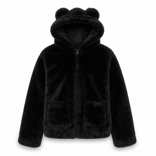 H&M Girls Black Faux Fur Hooded Jacket 11-12 Years Lined Animal Ears
