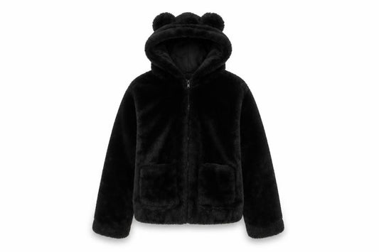 H&M Girls Black Faux Fur Hooded Jacket 11-12 Years Lined Animal Ears