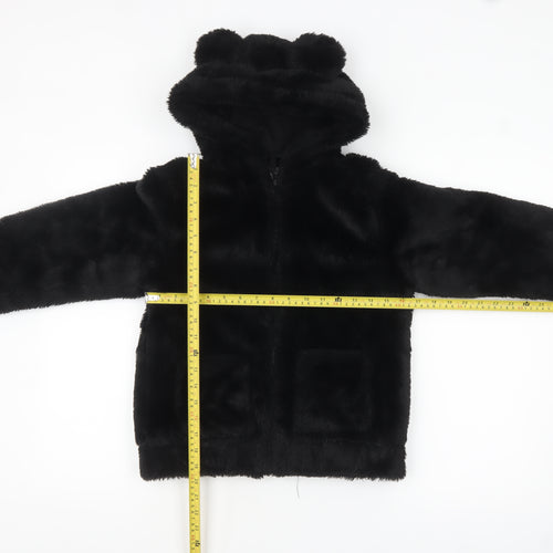 H&M Girls Black Faux Fur Hooded Jacket 11-12 Years Lined Animal Ears