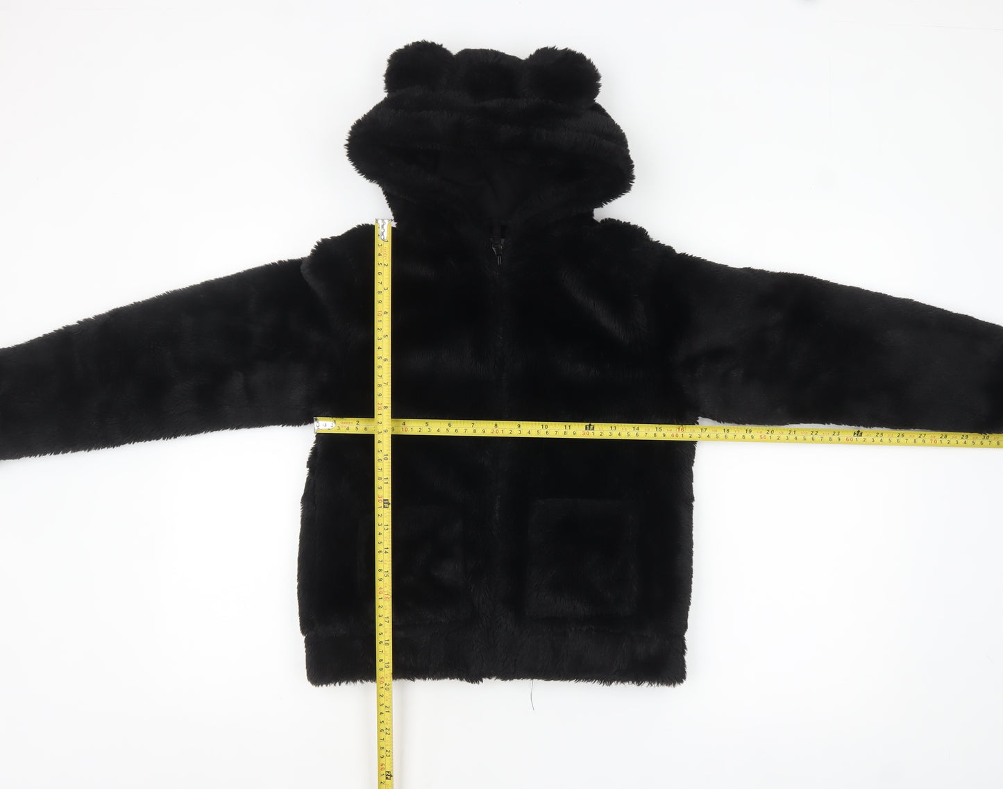 H&M Girls Black Faux Fur Hooded Jacket 11-12 Years Lined Animal Ears
