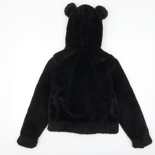 H&M Girls Black Faux Fur Hooded Jacket 11-12 Years Lined Animal Ears