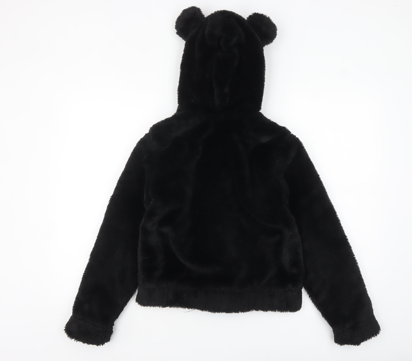 H&M Girls Black Faux Fur Hooded Jacket 11-12 Years Lined Animal Ears