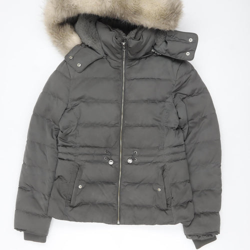 Zara Women Grey Faux Fur Hooded Puffer Jacket Size S