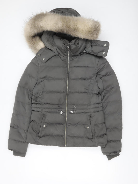 Zara Women Grey Faux Fur Hooded Puffer Jacket Size S