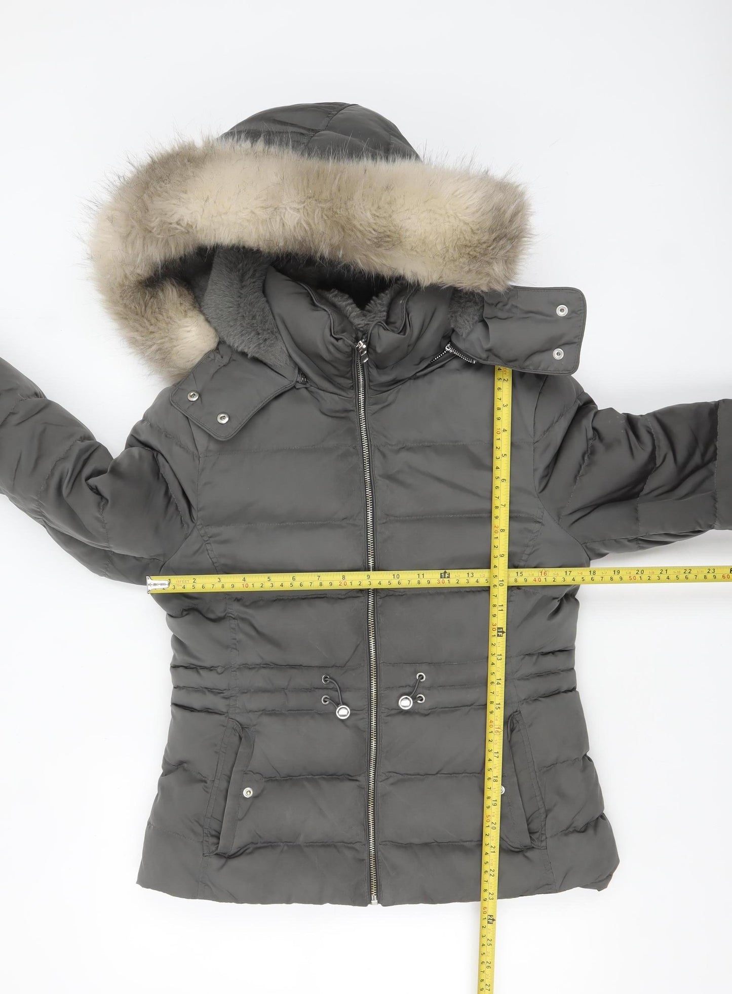 Zara Women Grey Faux Fur Hooded Puffer Jacket Size S