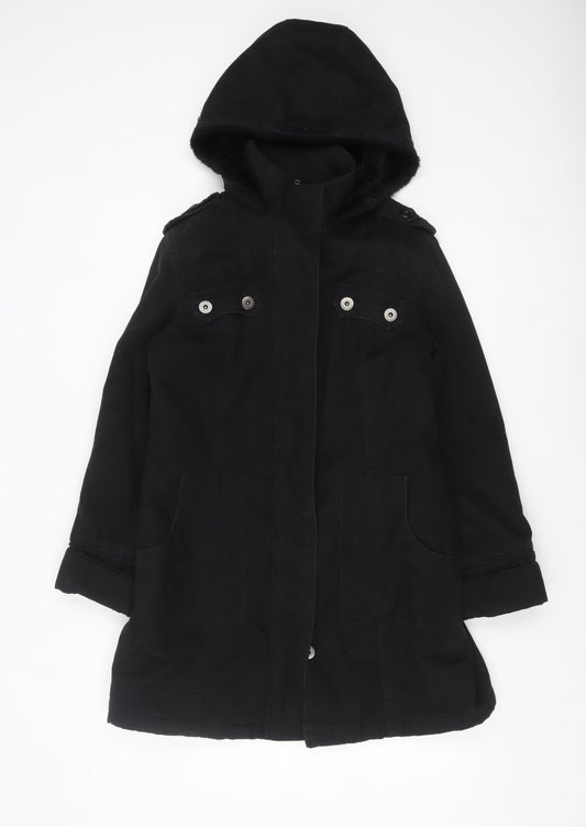MK Women's Black Hooded Parka Coat Size 12 Lined Mid-Length Jacket