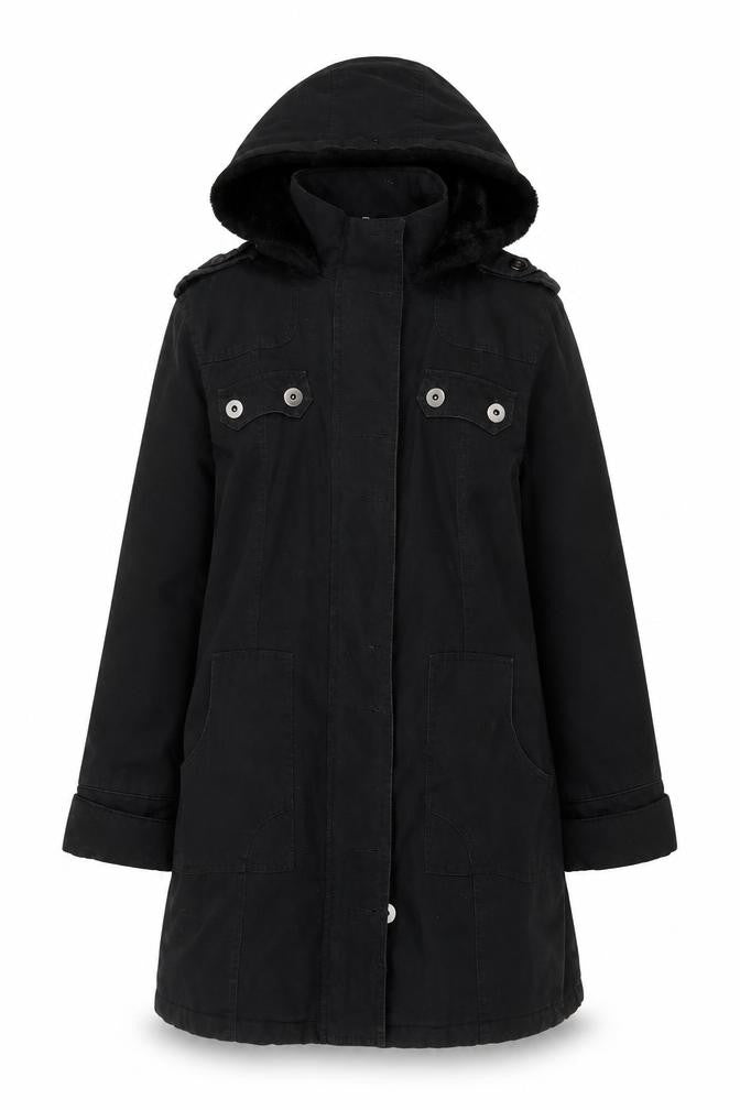 Front view of MK Women's Black Hooded Parka Coat, size 12, Lined Mid-Length Jacket