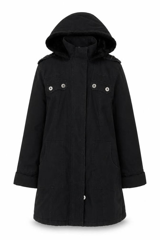 Front view of MK Women's Black Hooded Parka Coat, size 12, Lined Mid-Length Jacket