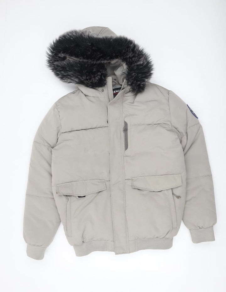 McKenzie Men Grey Puffer Jacket M Hooded Fur Trim Winter Coat