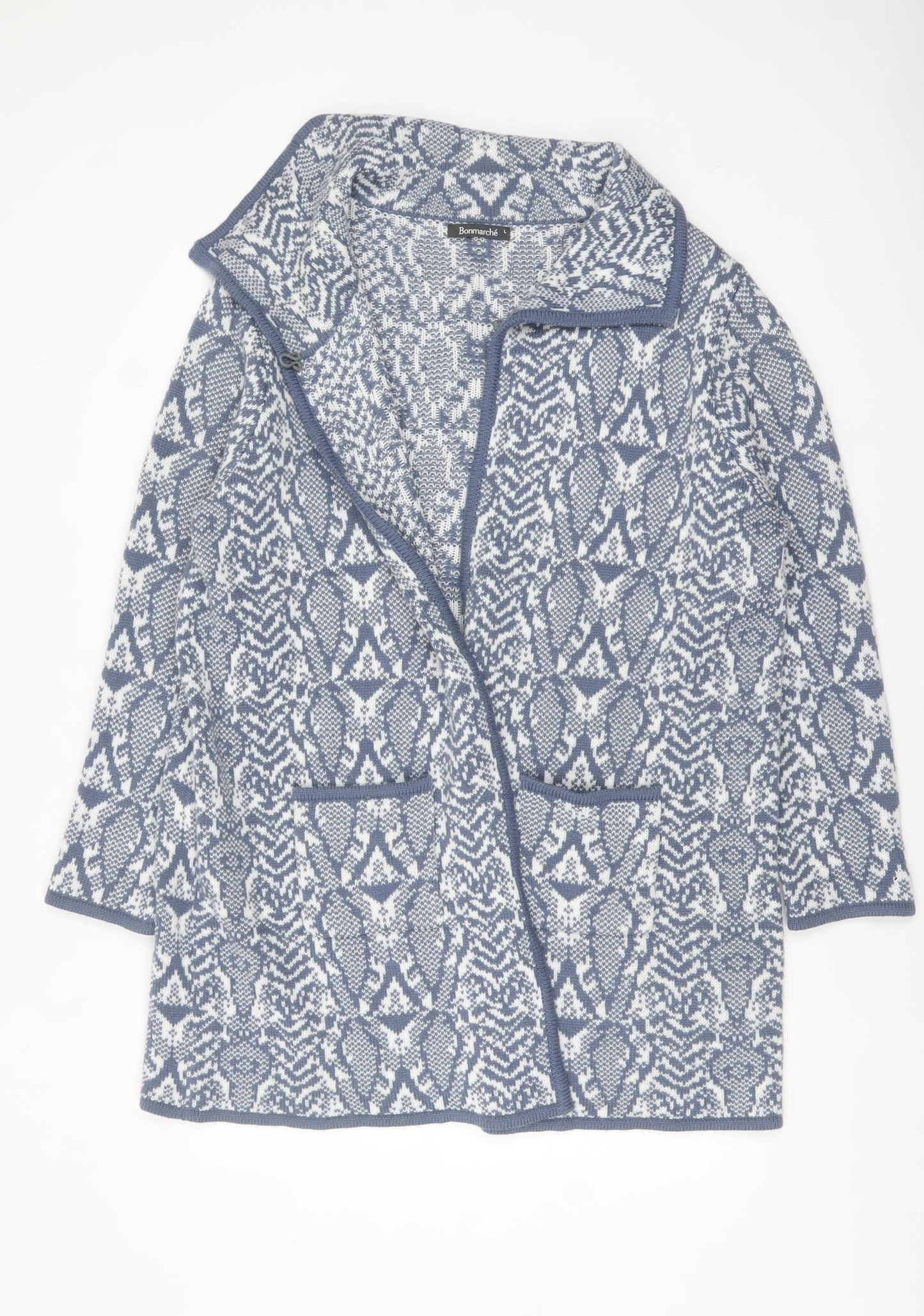 Bonmarché Women Blue Animal Print Collared Knit Cardigan L