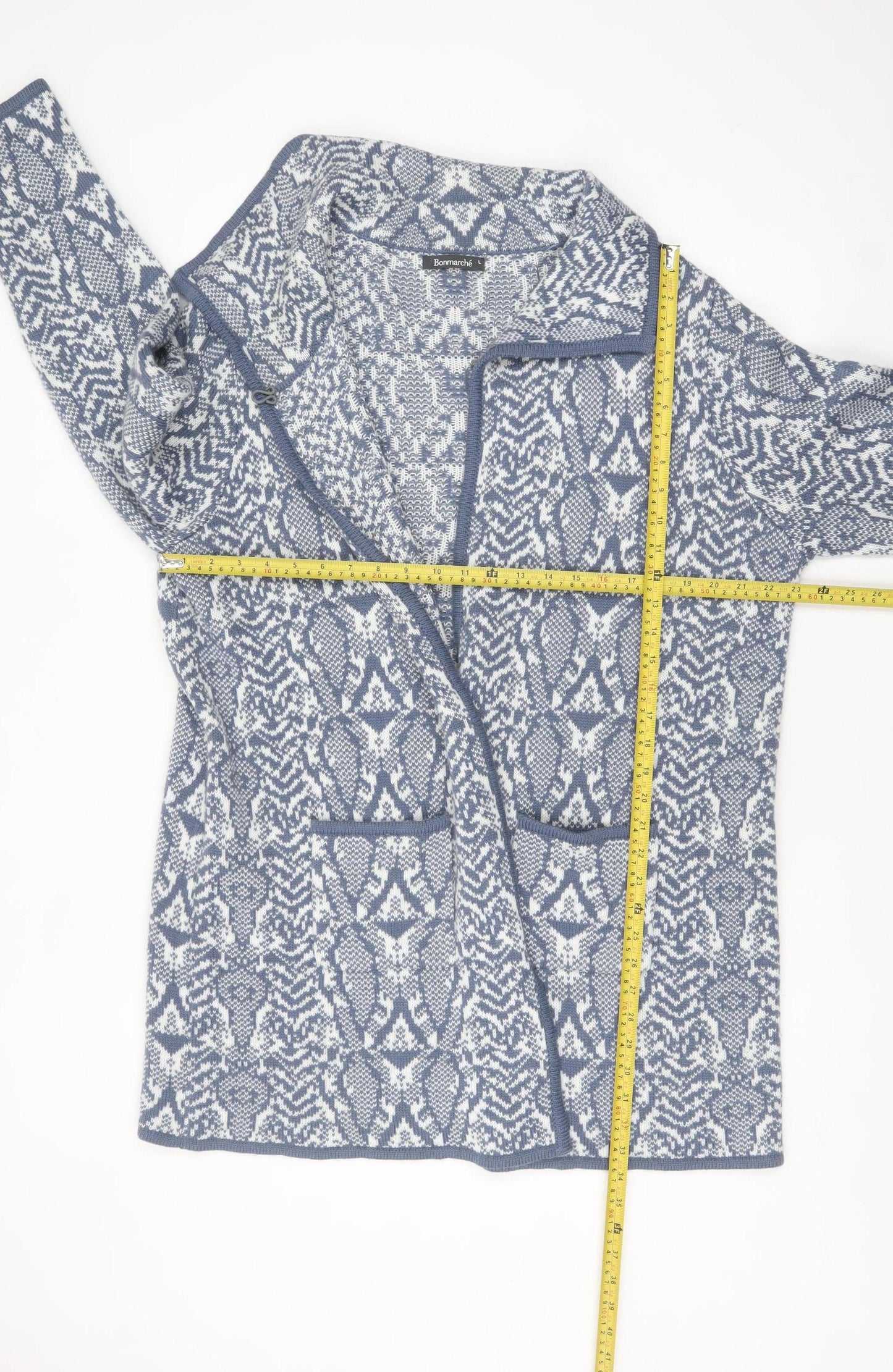 Bonmarché Women Blue Animal Print Collared Knit Cardigan L