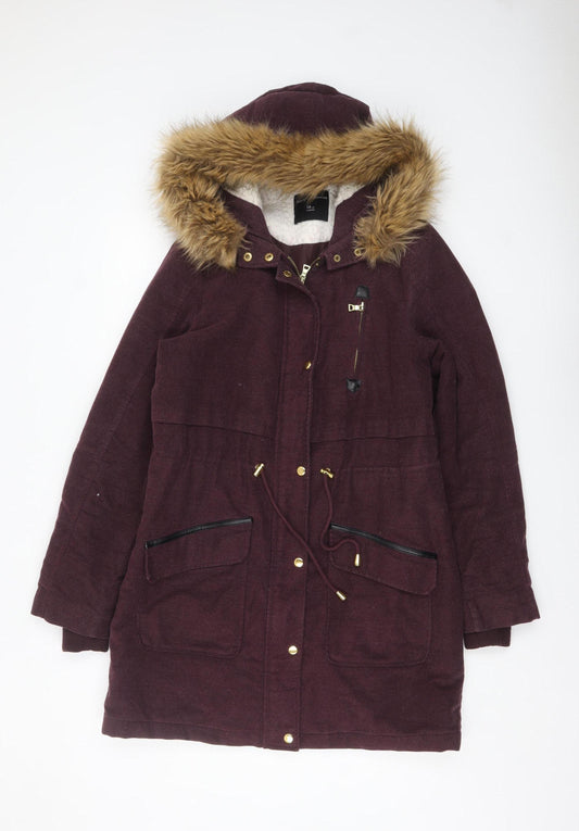 Dorothy Perkins Women’s Purple Faux Fur Hooded Parka Coat Size 14
