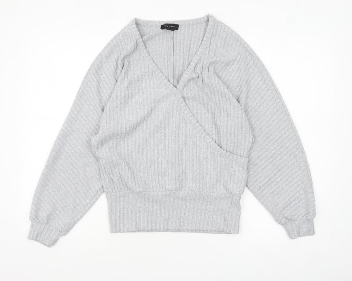 New Look Women Grey V-Neck Ribbed Pullover Jumper Size S