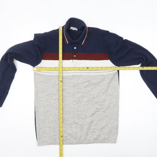 Next Men's Blue Grey Striped Collared Henley Jumper Medium