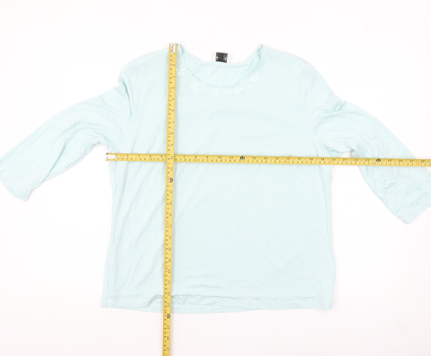 Eastex Women Blue 3/4 Sleeve Embroidered Round Neck Pullover Jumper Size 16
