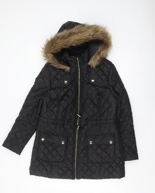 New Look Petite Black Quilted Faux Fur Trim Hooded Coat Size 12