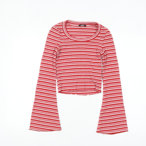Monki Women Red Striped Cropped Long Sleeve T-Shirt XS