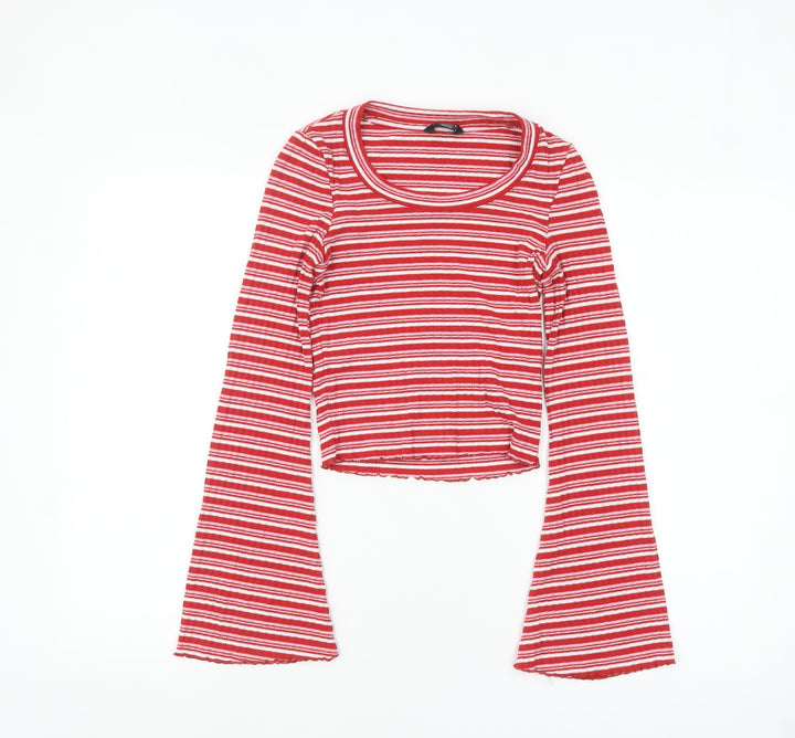 Monki Women Red Striped Cropped Long Sleeve T-Shirt XS