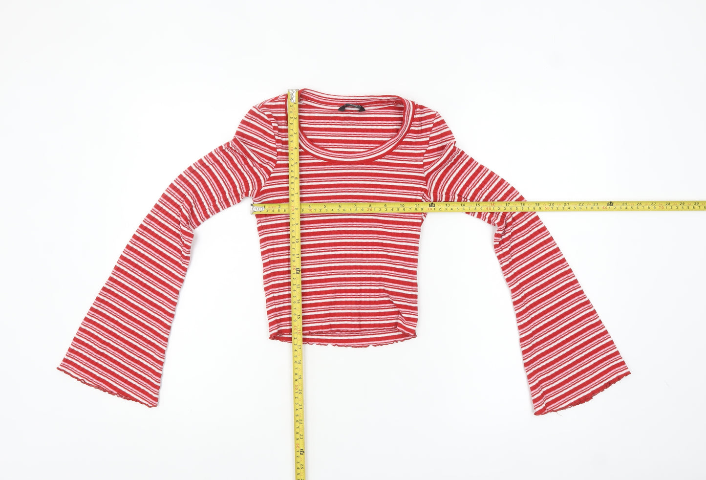 Monki Women Red Striped Cropped Long Sleeve T-Shirt XS