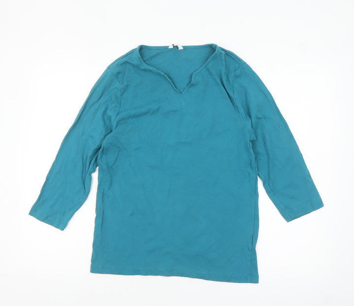 Cotton Traders Women's Blue 3/4 Sleeve Cotton V-Neck Top Size 18